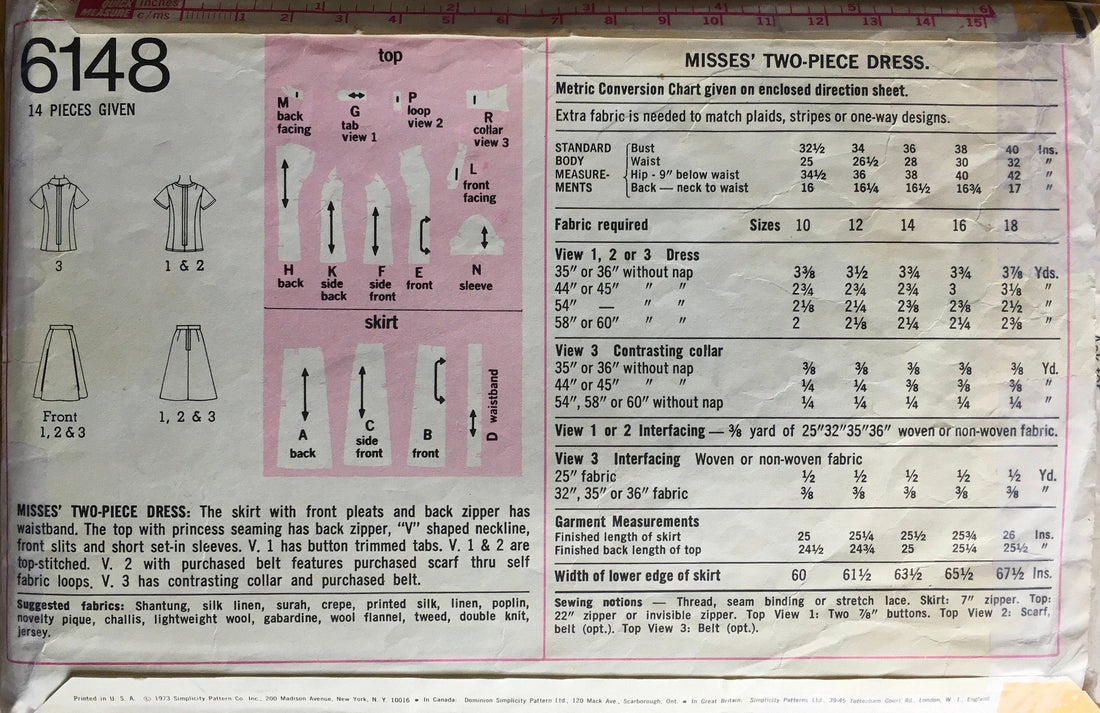 Simplicity 6148 Sewing Pattern (Vintage) CUT