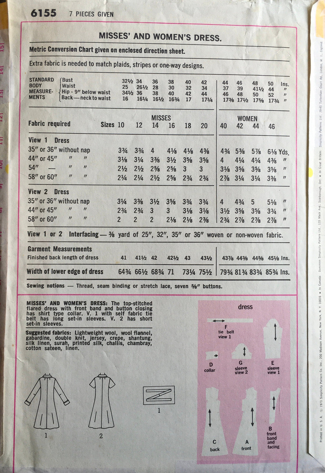 Simplicity 6155 Sewing Pattern (Vintage) UNCUT/CUT