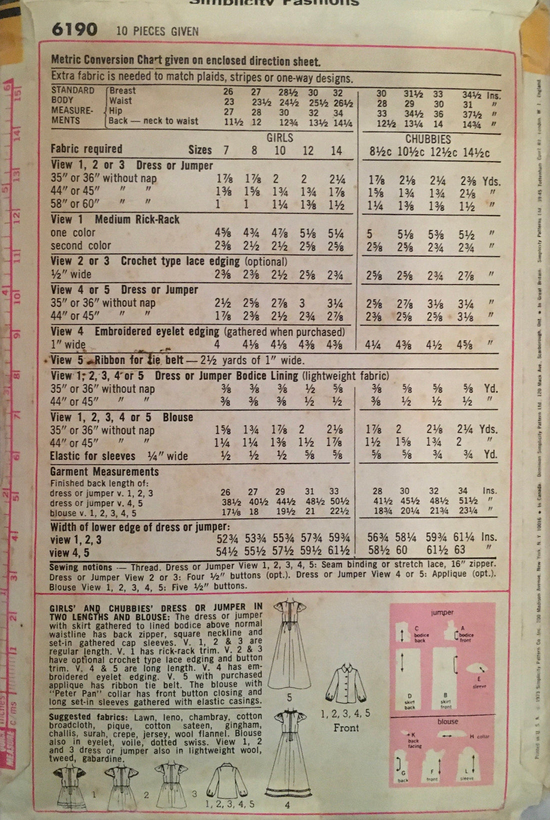Simplicity 6190 Sewing Pattern (Vintage) CUT