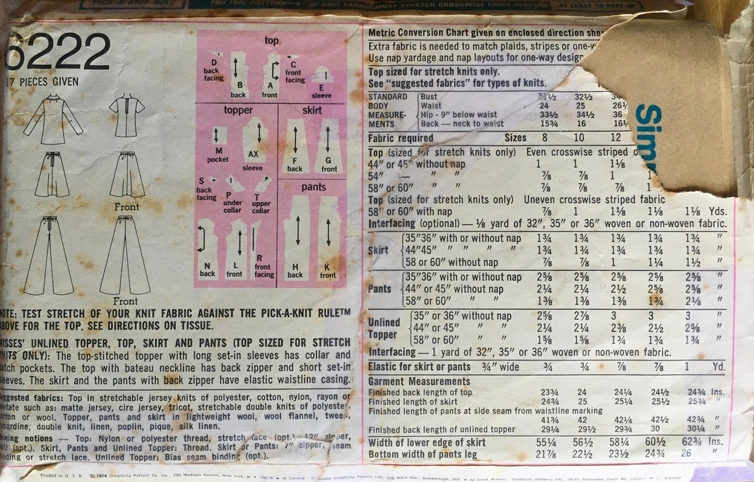 Simplicity 6222 Sewing Pattern (Vintage) CUT