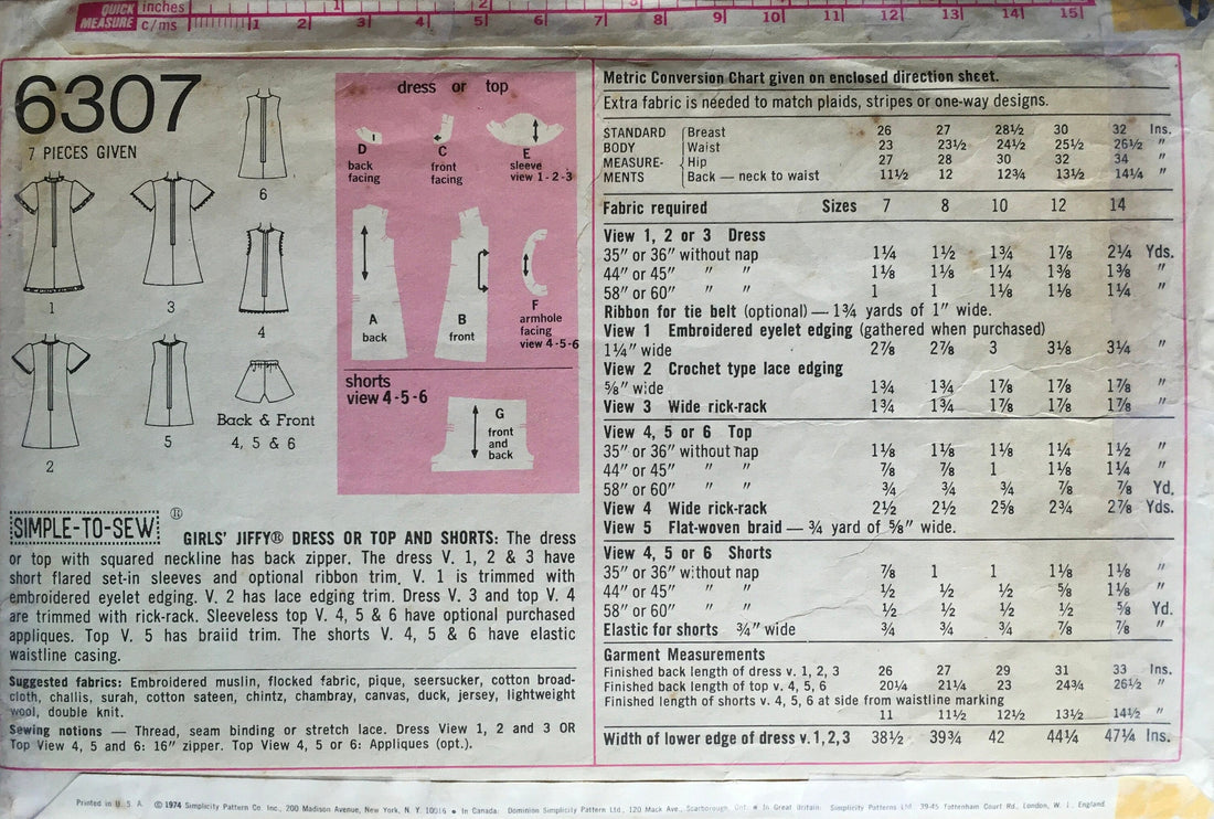 Simplicity 6307 Sewing Pattern (Vintage) CUT