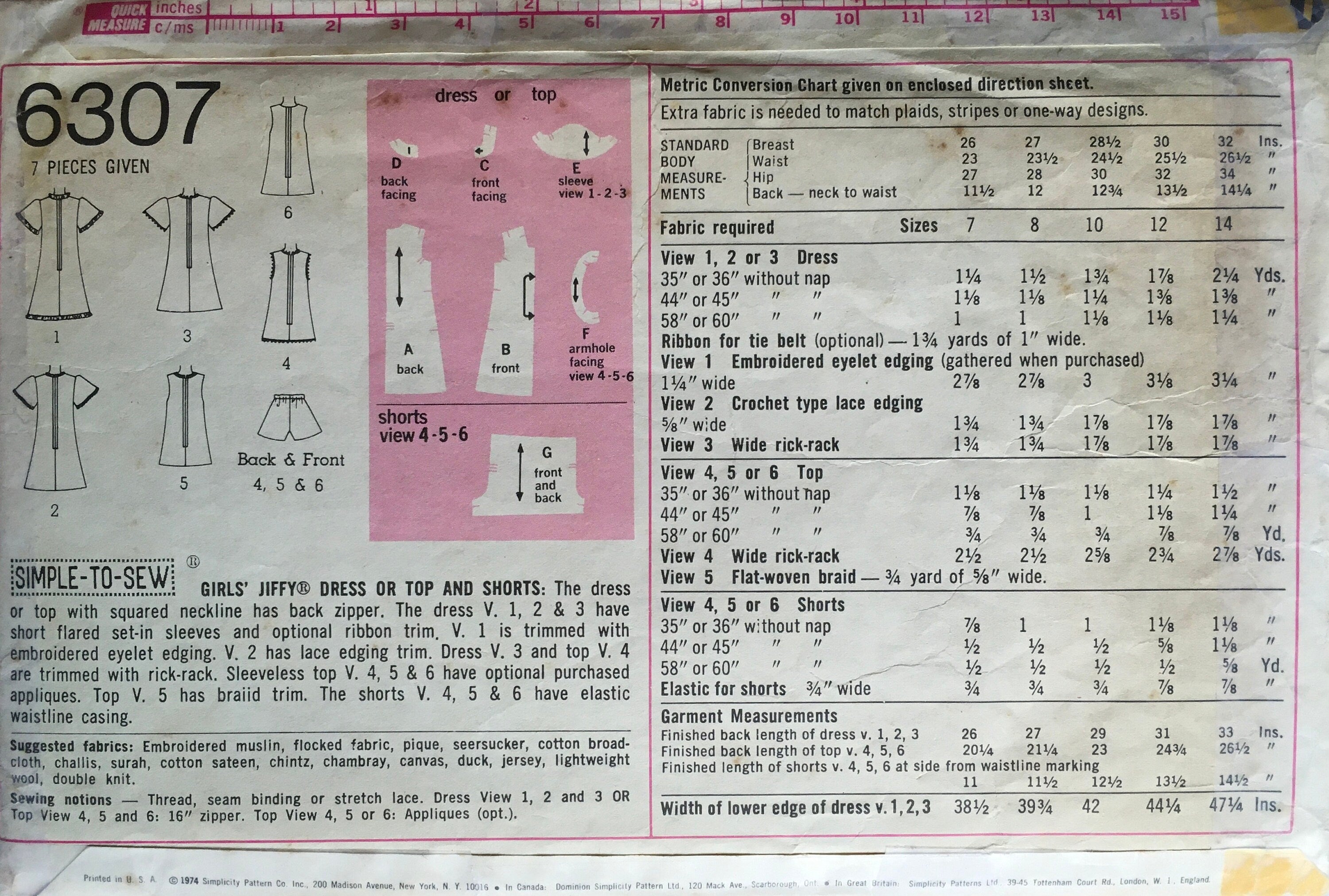 Simplicity 6307 Sewing Pattern (Vintage) CUT