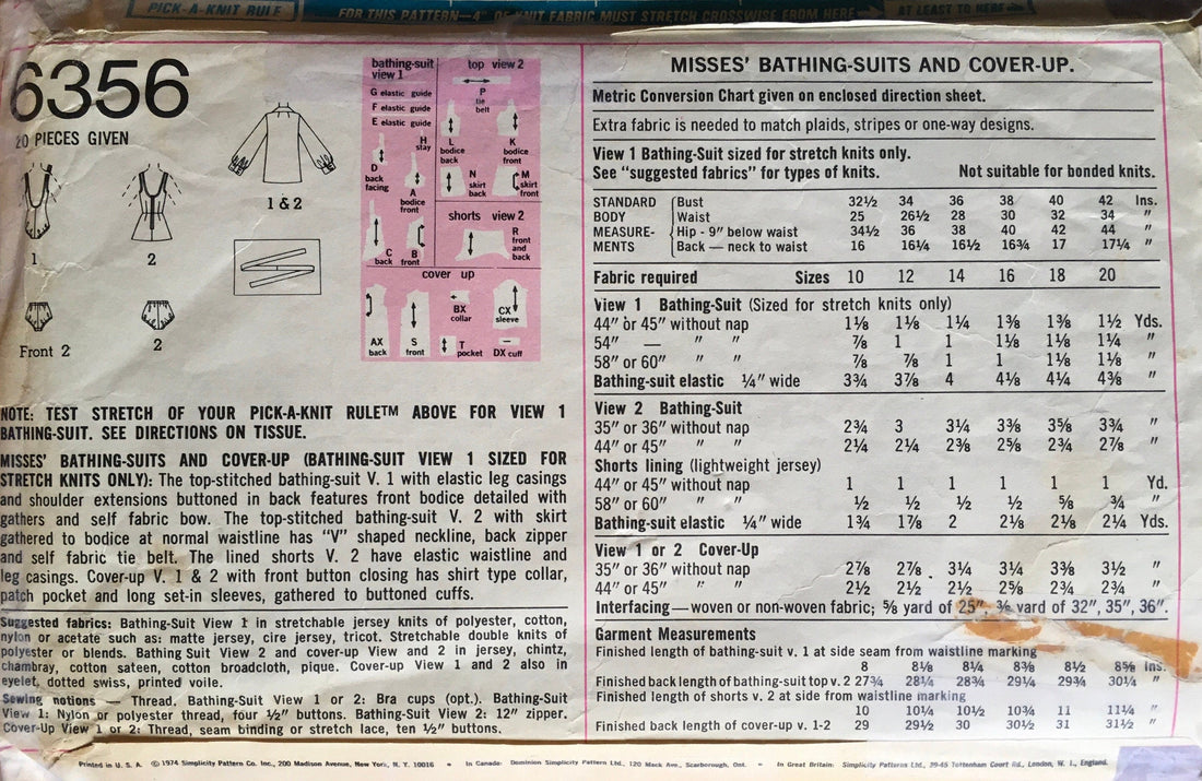 Simplicity 6356 Sewing Pattern (Vintage) CUT
