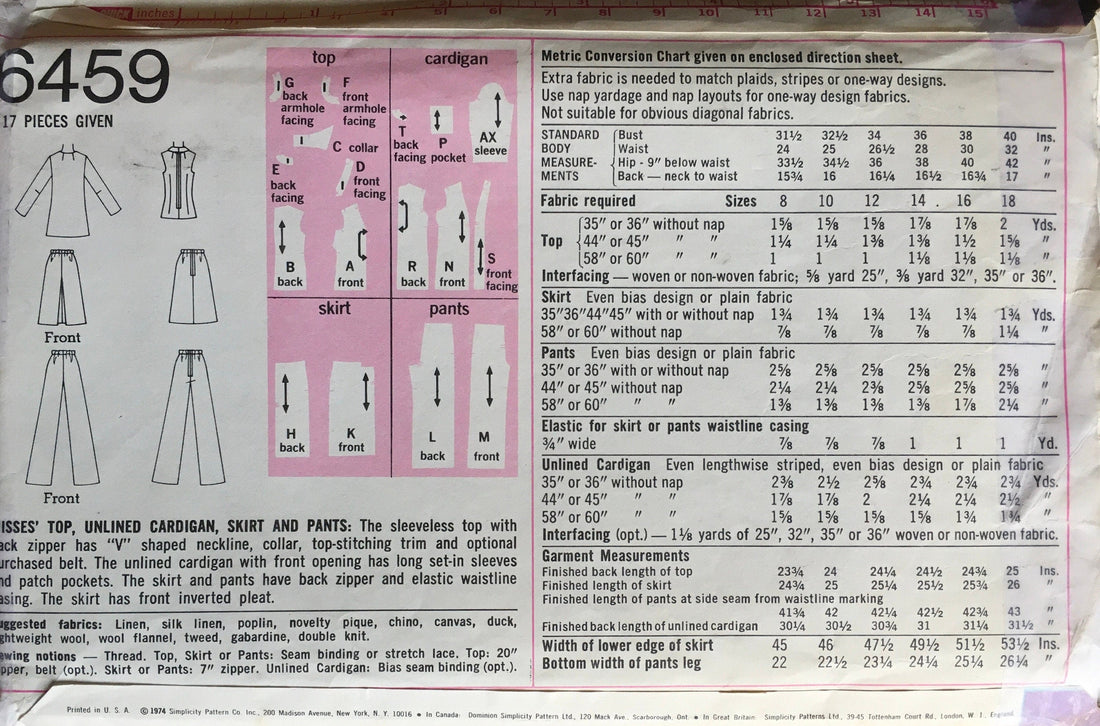 Simplicity 6459 Sewing Pattern (Vintage) UNCUT