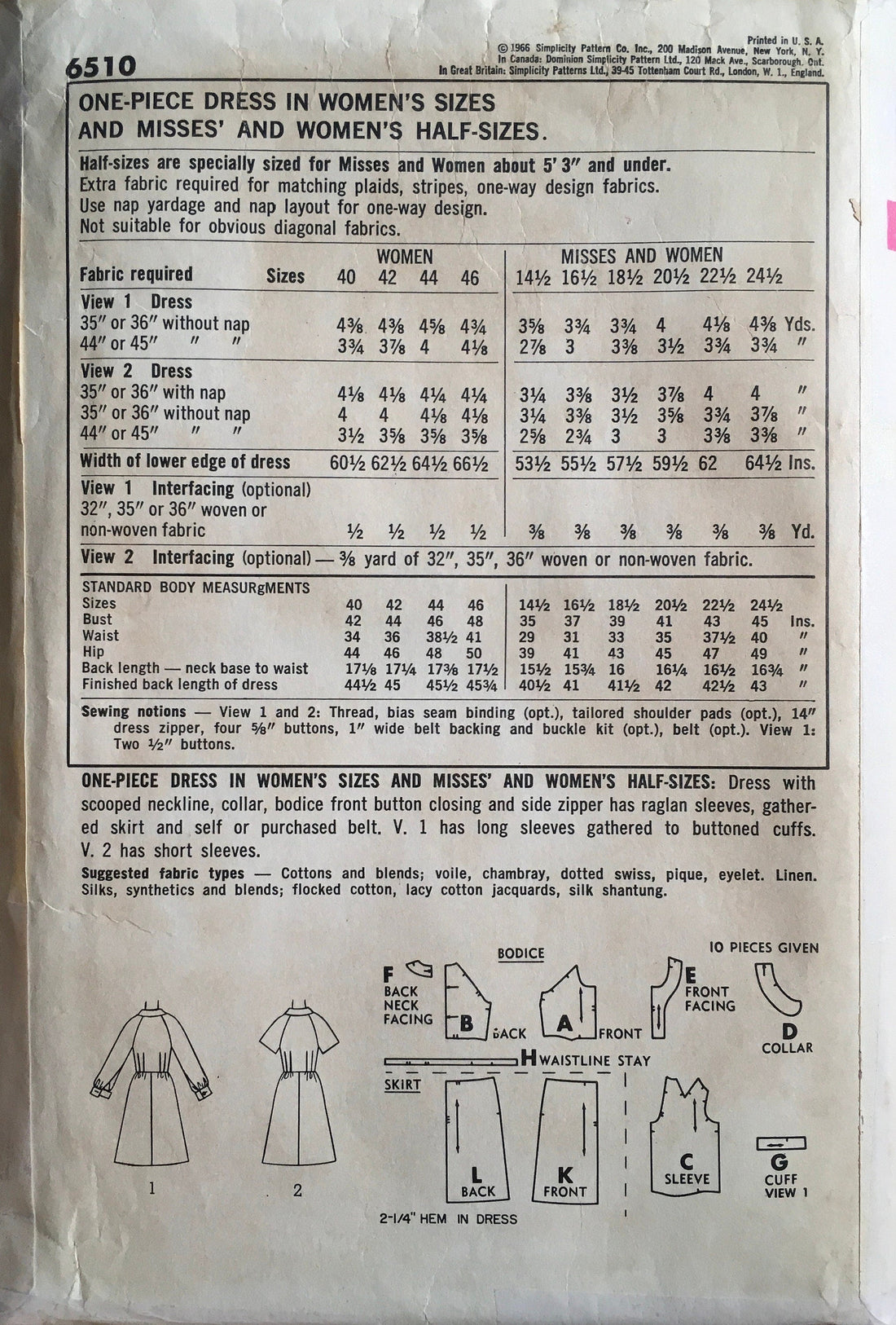 Simplicity 6510 Sewing Pattern (Vintage) CUT