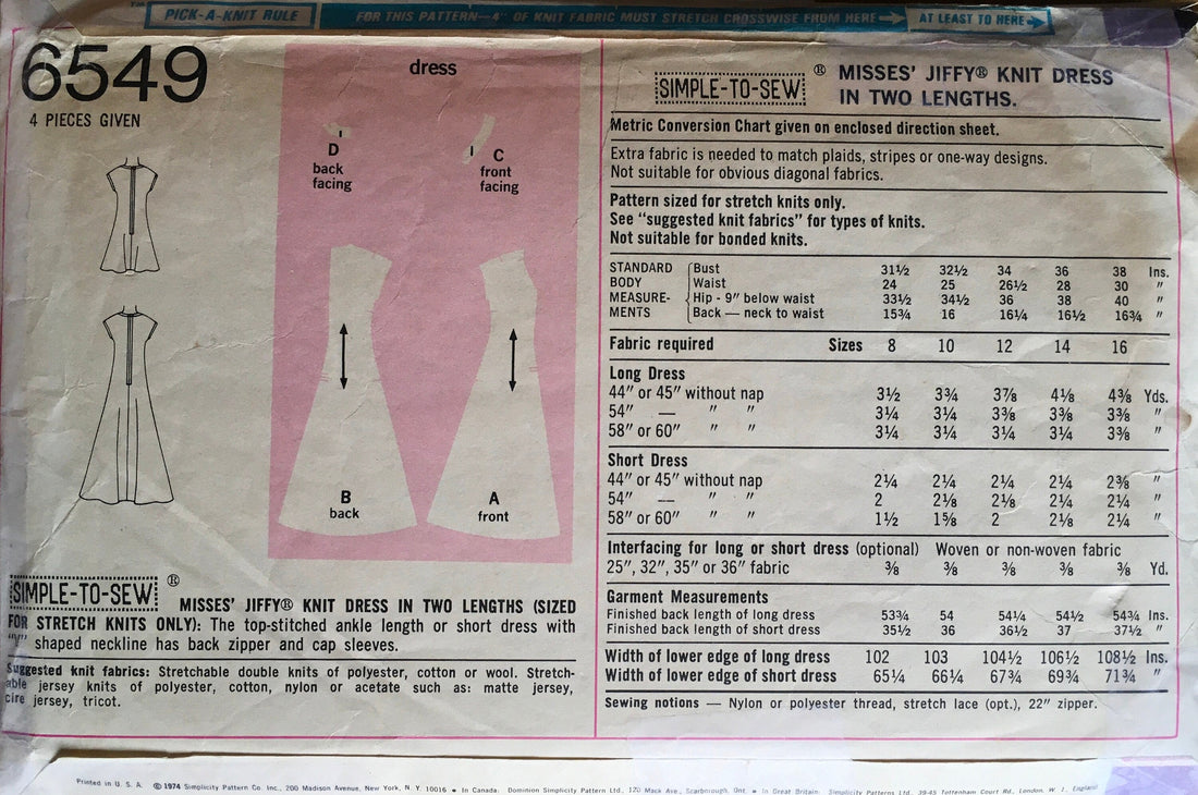 Simplicity 6549 Sewing Pattern (Vintage) CUT
