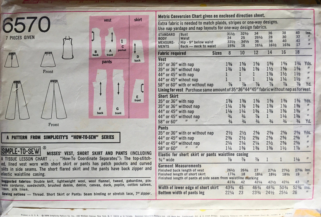 Simplicity 6570 Sewing Pattern (Vintage) CUT