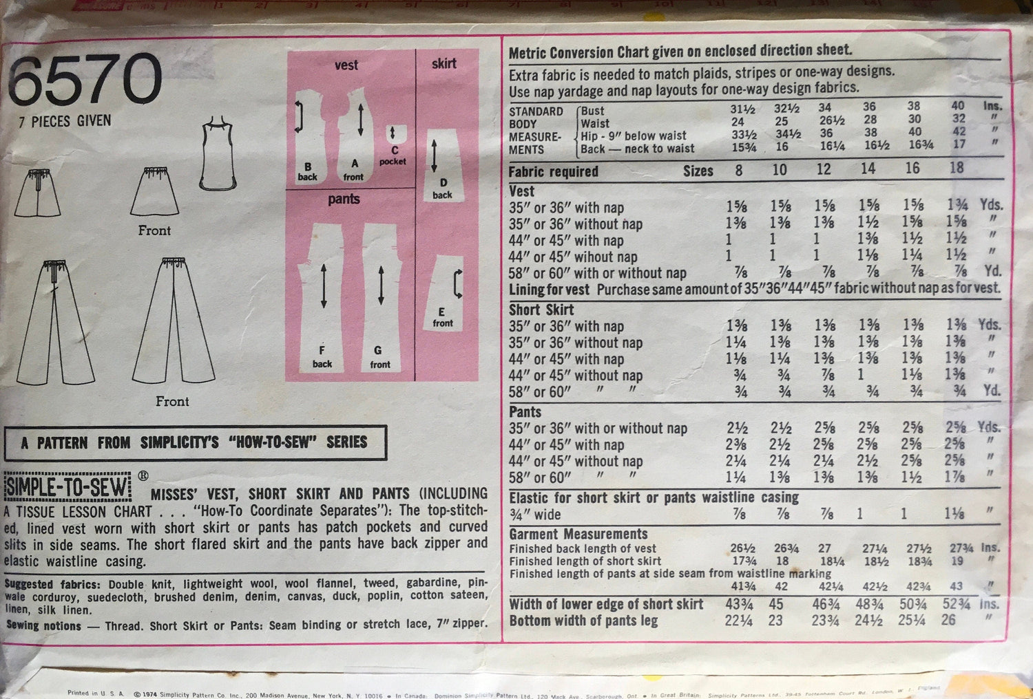 Simplicity 6570 Sewing Pattern (Vintage) CUT