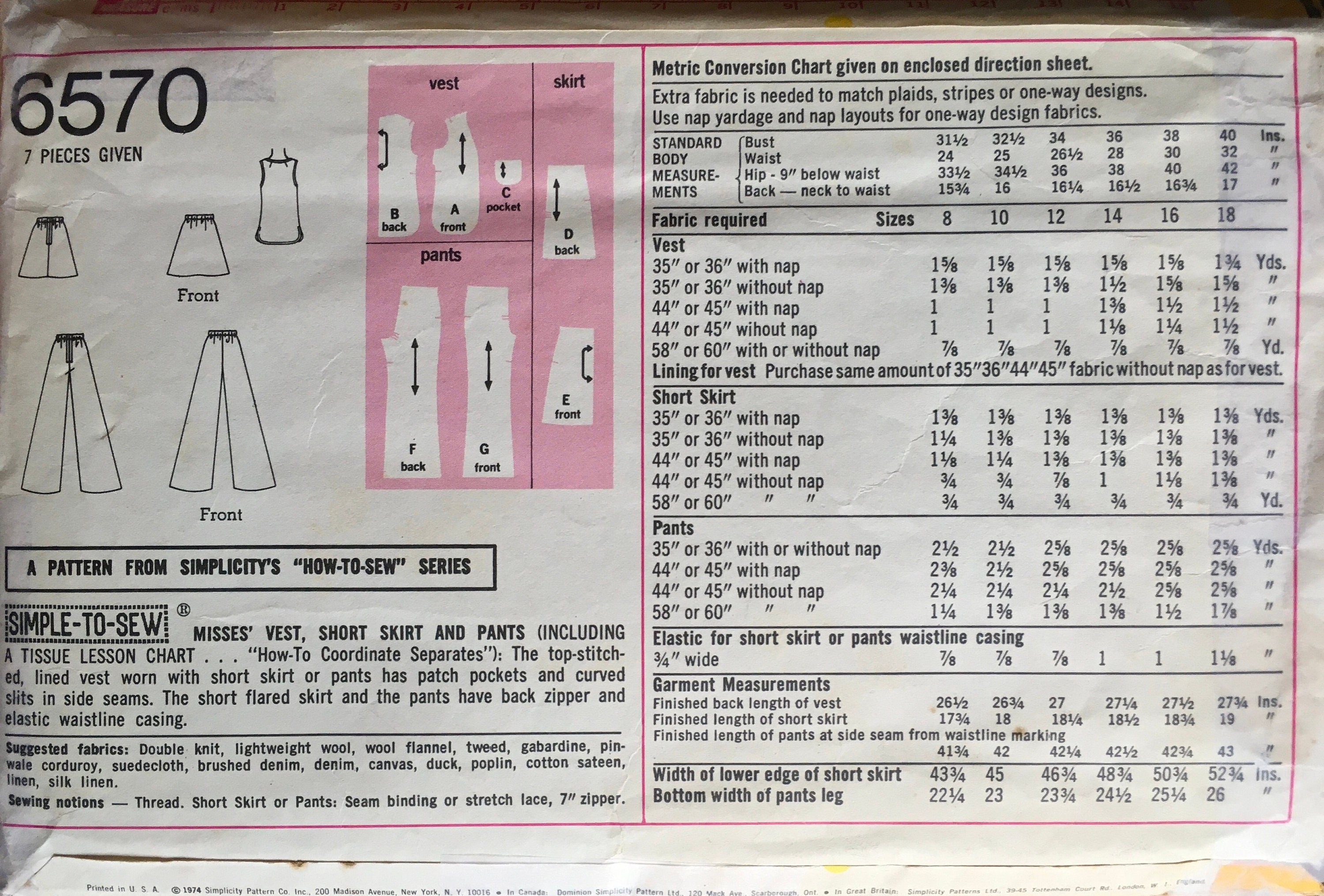 Simplicity 6570 Sewing Pattern (Vintage) CUT