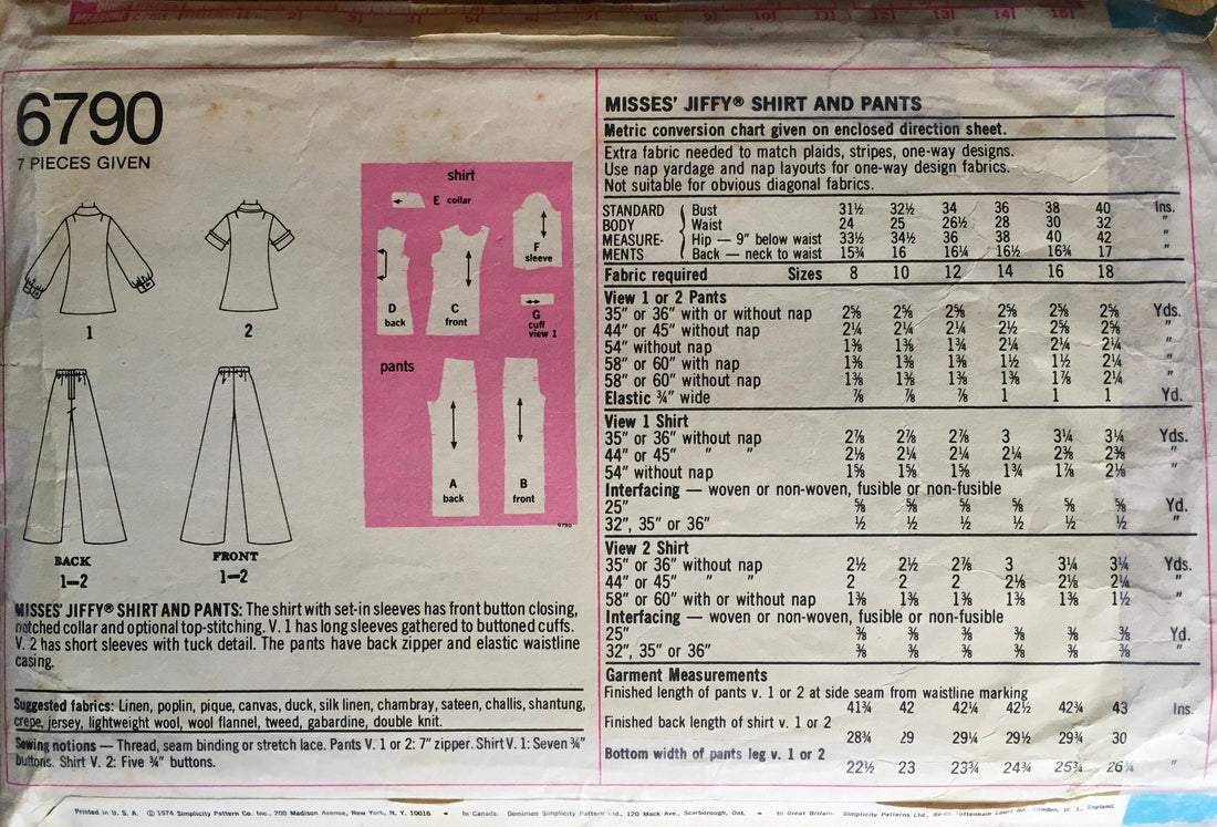 Simplicity 6790 Sewing Pattern (Vintage) CUT