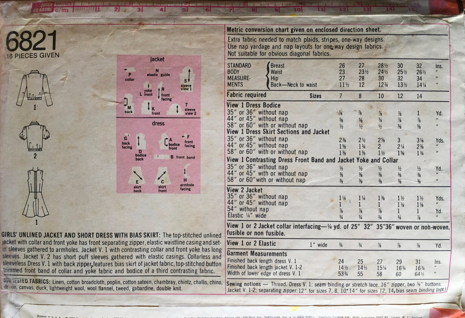Simplicity 6821 Sewing Pattern (Vintage) CUT