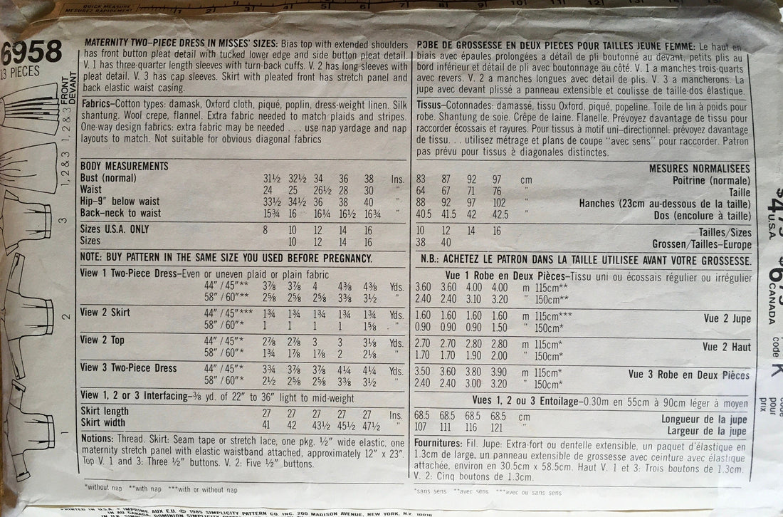 Simplicity 6958 Sewing Pattern (Vintage) CUT