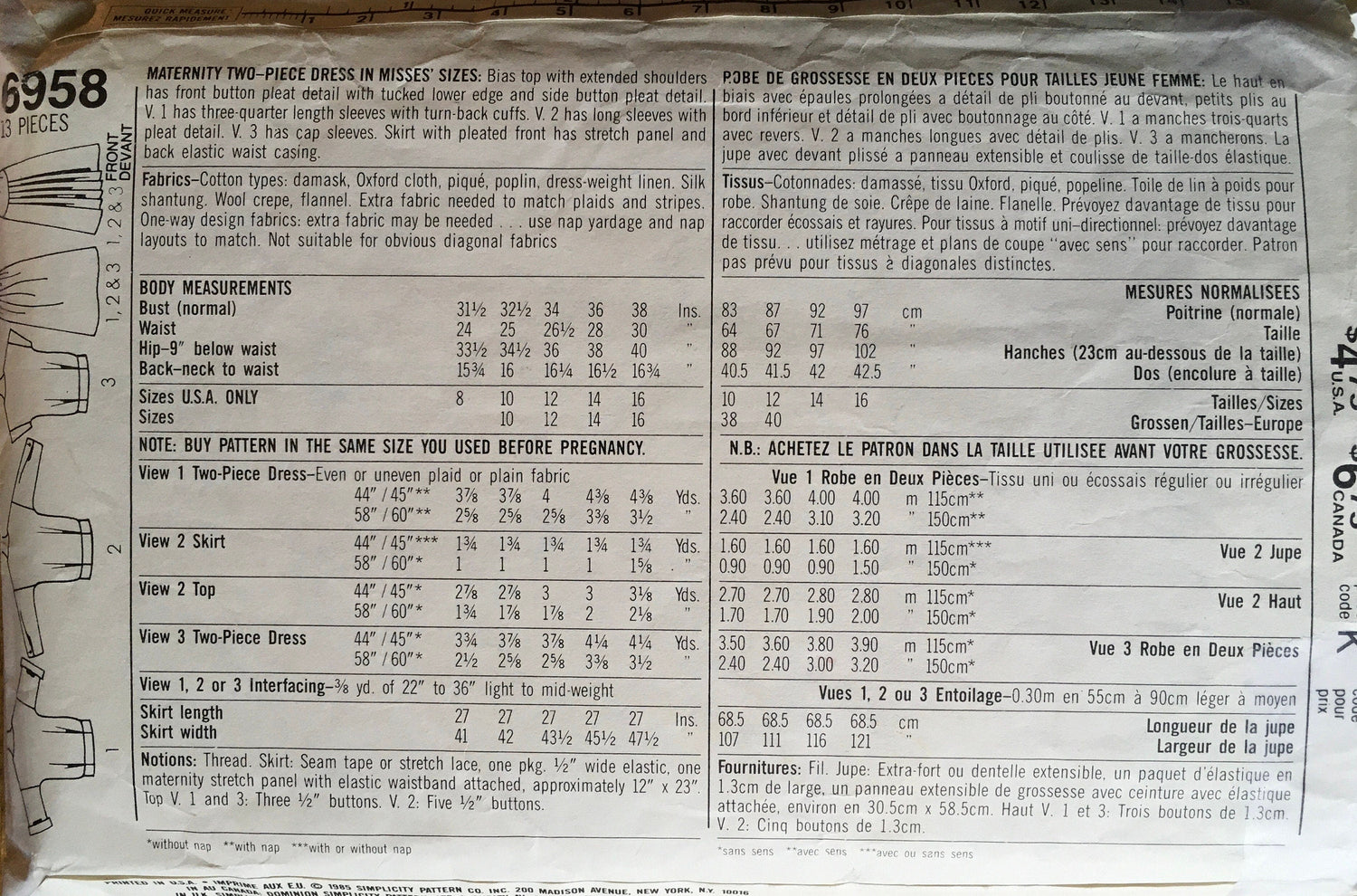 Simplicity 6958 Sewing Pattern (Vintage) CUT