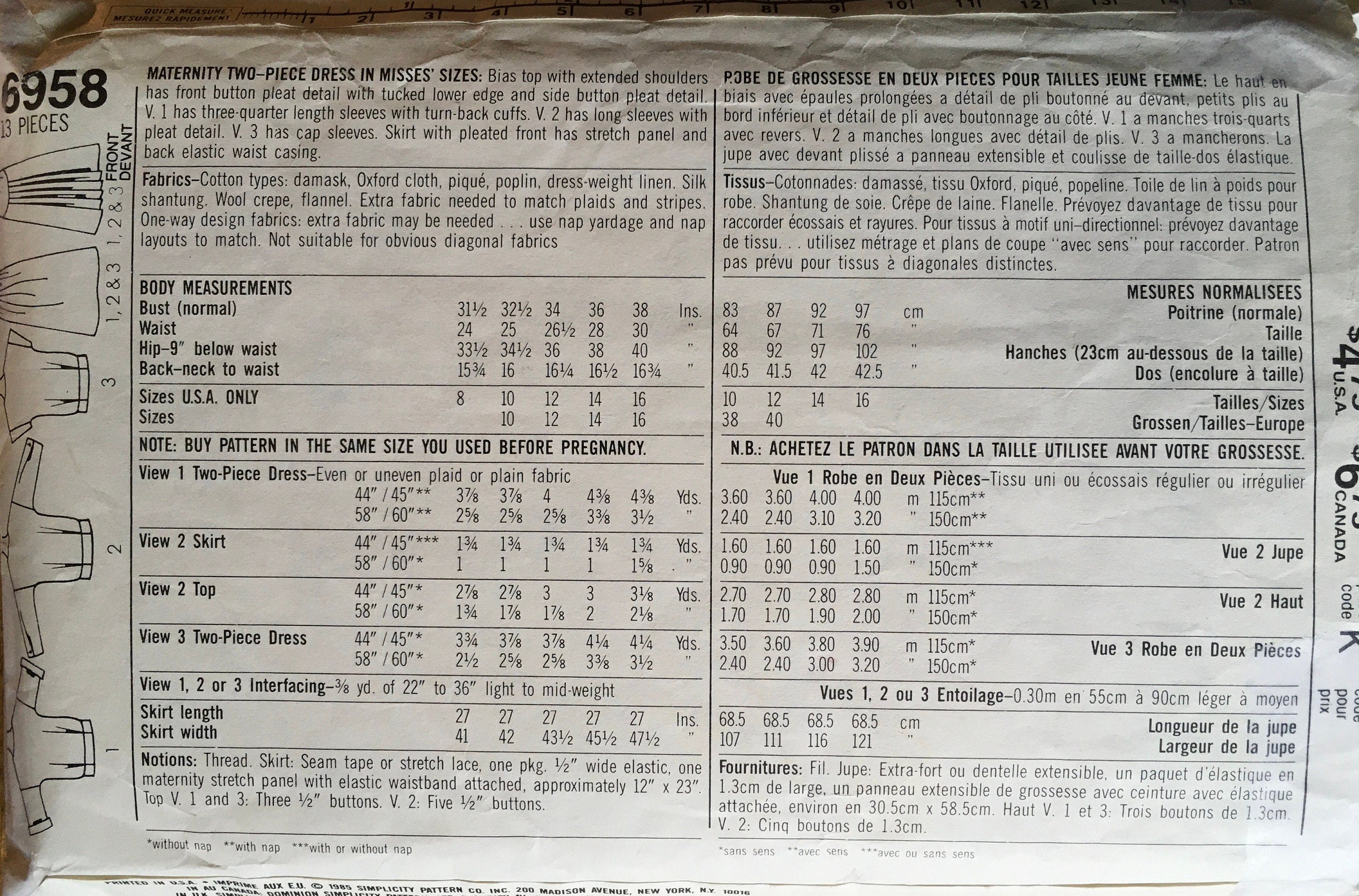 Simplicity 6958 Sewing Pattern (Vintage) CUT