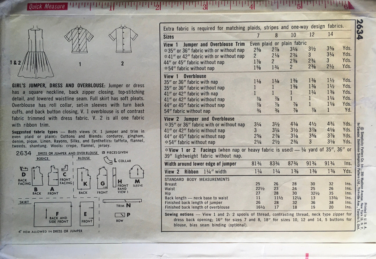 Simplicity 2634 Sewing Pattern (Vintage) UNCUT