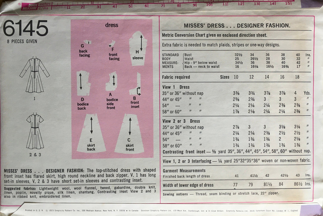 Simplicity 6145 Sewing Pattern (Vintage) CUT