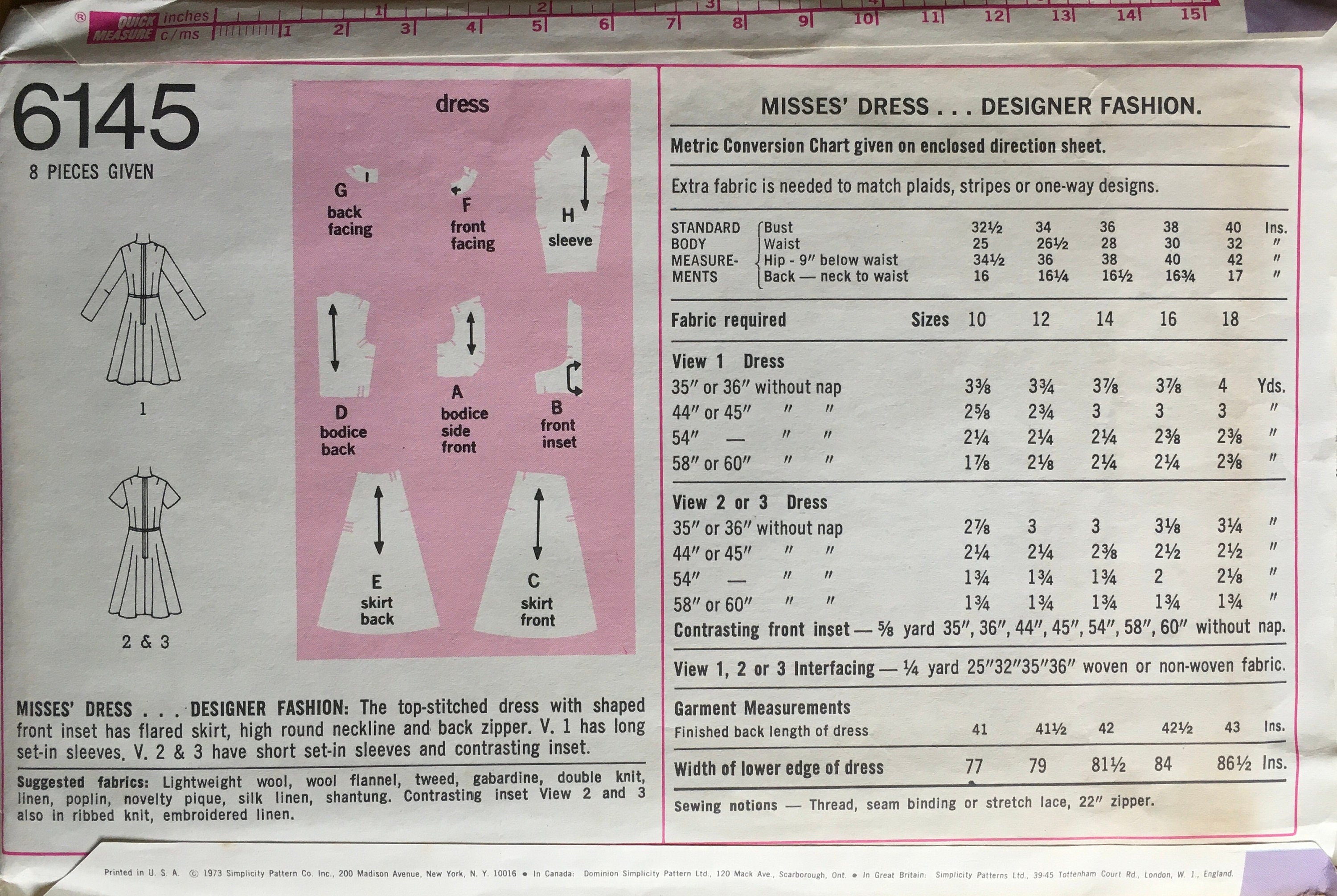 Simplicity 6145 Sewing Pattern (Vintage) CUT