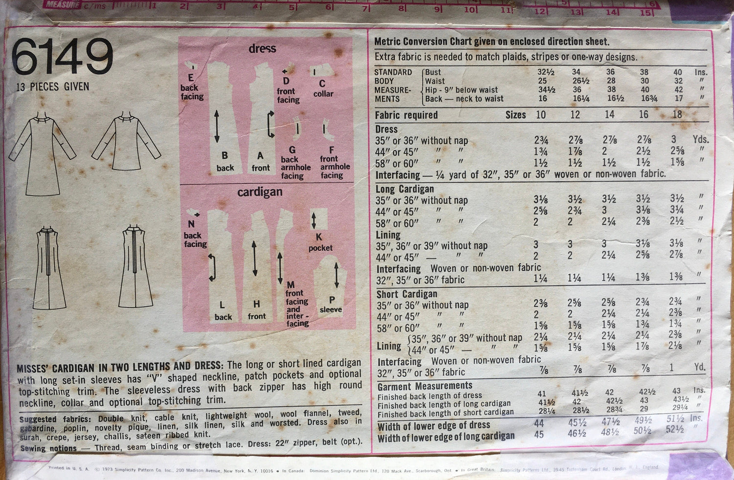 Simplicity 6149 Sewing Pattern (Vintage) CUT