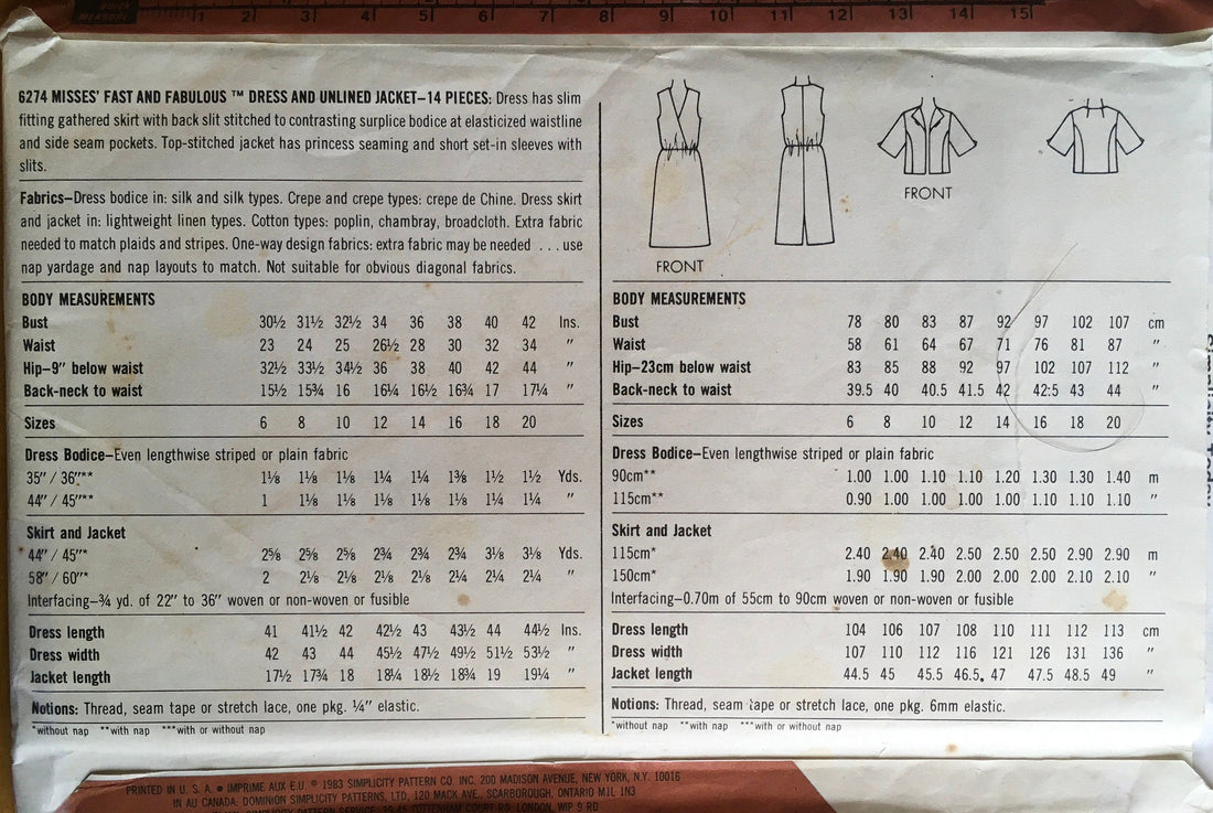 Simplicity 6274 Sewing Pattern (Vintage) UNCUT