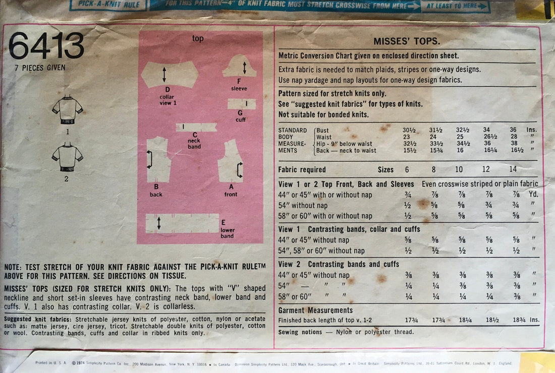 Simplicity 6413 Sewing Pattern (Vintage) CUT