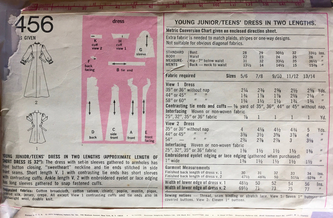 Simplicity 6456 Sewing Pattern (Vintage) CUT