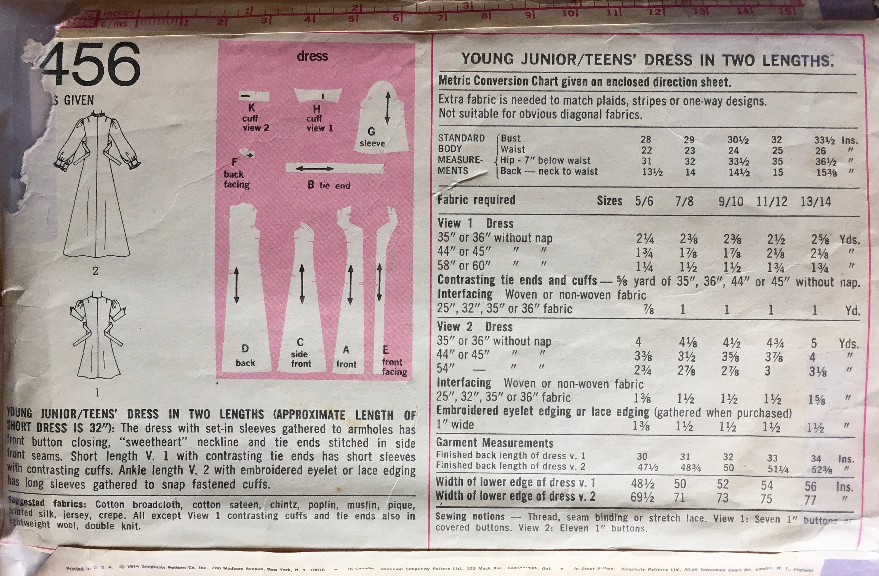 Simplicity 6456 Sewing Pattern (Vintage) CUT