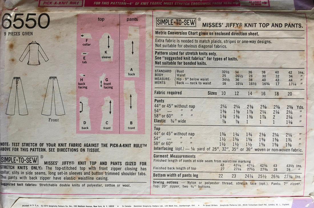 Simplicity 6550 Sewing Pattern (Vintage) CUT