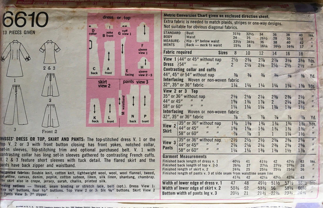 Simplicity 6610 Sewing Pattern (Vintage) CUT