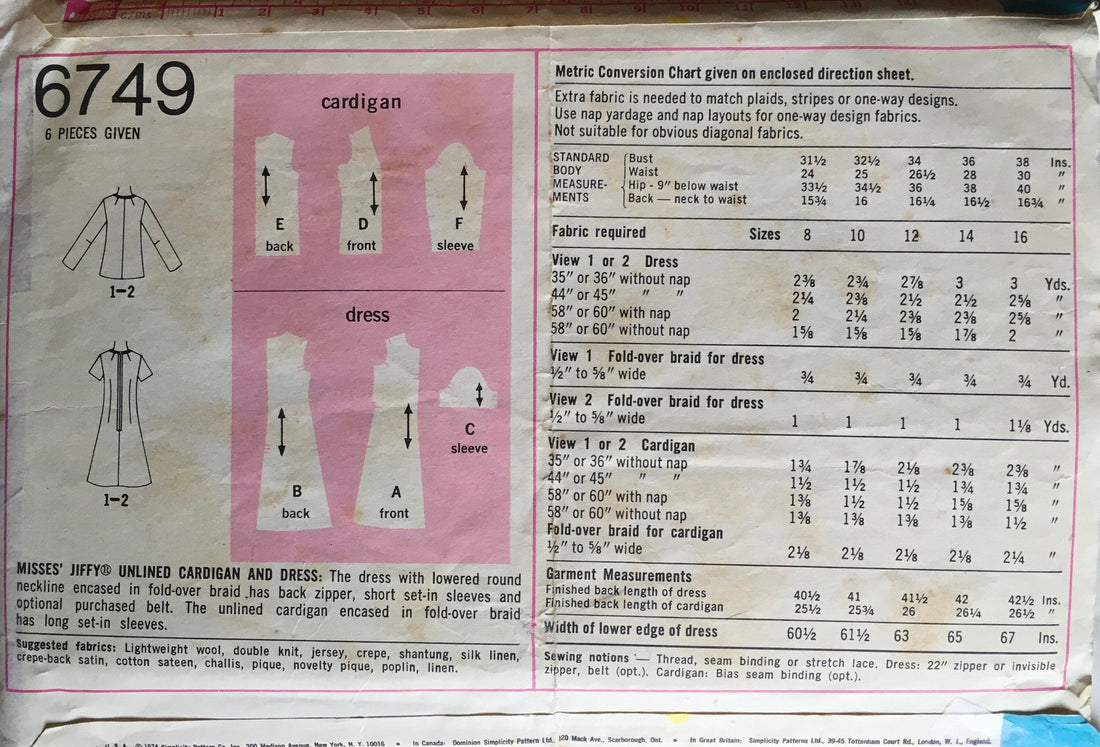 Simplicity 6749 Sewing Pattern (Vintage) CUT