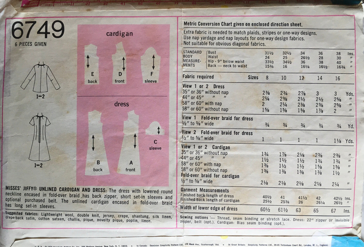 Simplicity 6749 Sewing Pattern (Vintage) CUT
