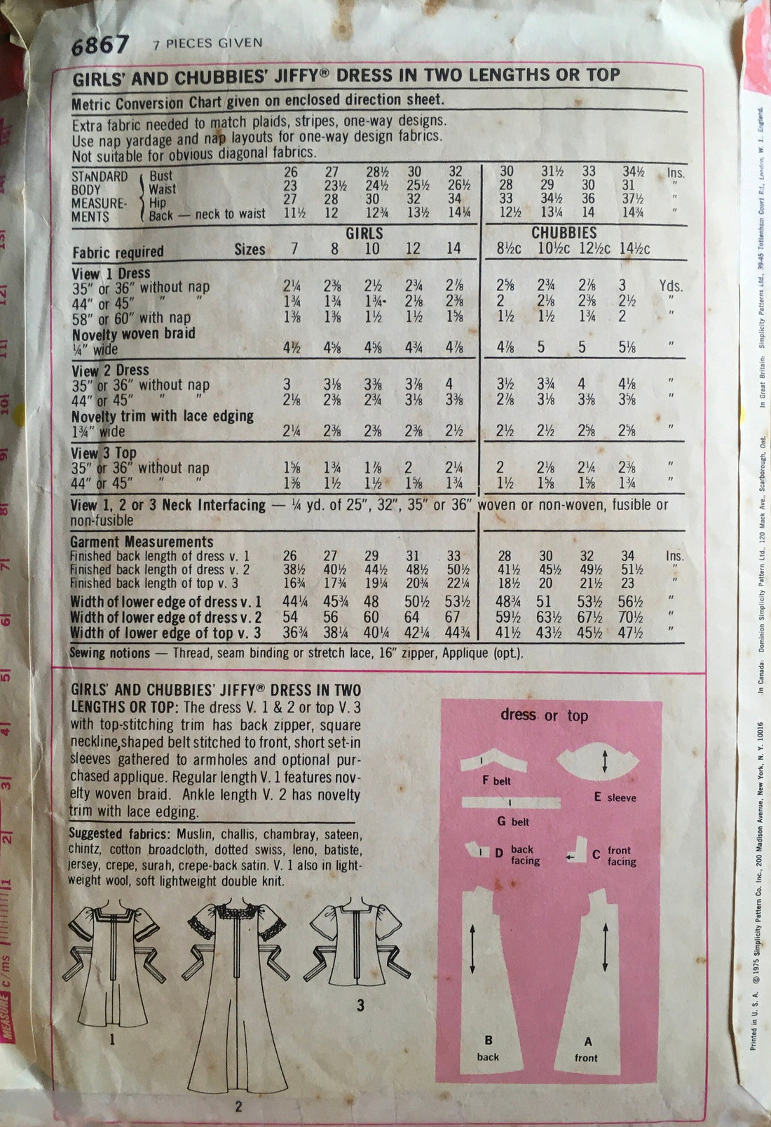 Simplicity 6867 Sewing Pattern (Vintage) CUT
