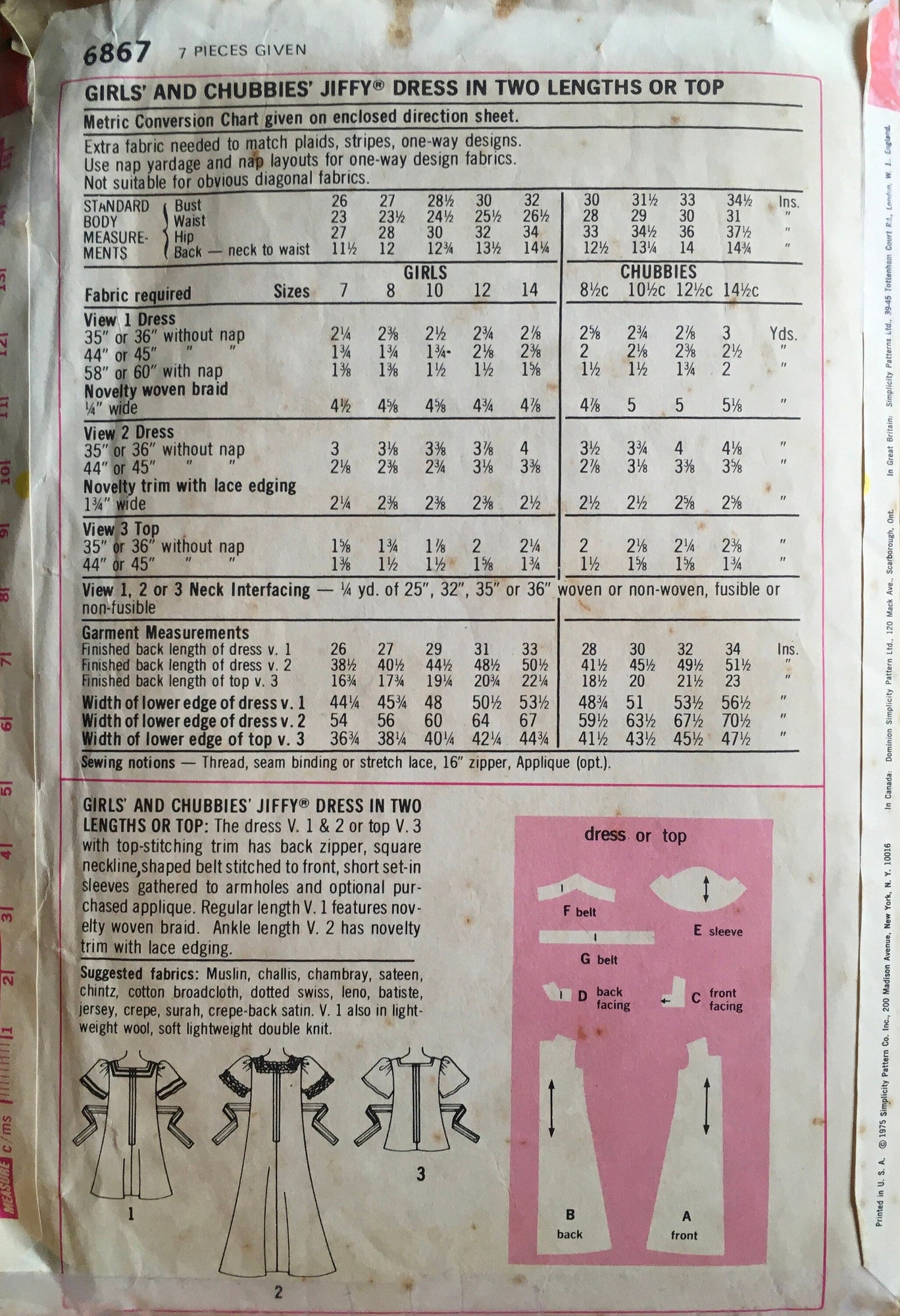 Simplicity 6867 Sewing Pattern (Vintage) CUT