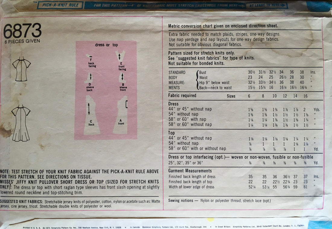Simplicity 6873 Sewing Pattern (Vintage) CUT