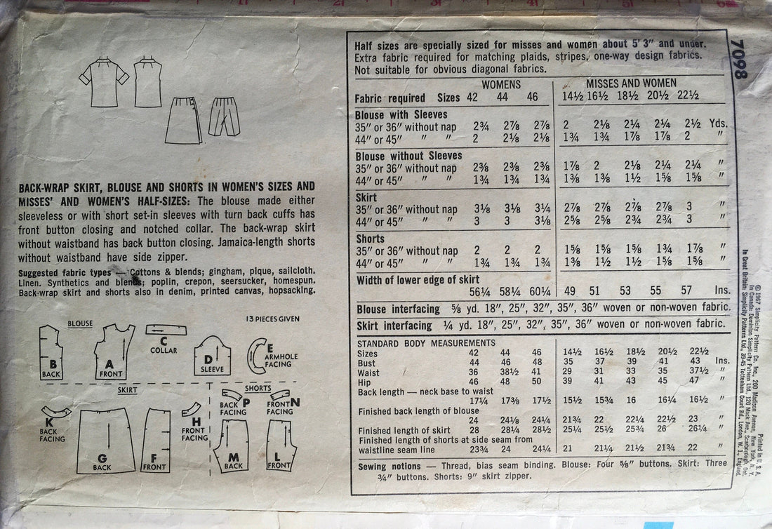 Simplicity 7098 Sewing Pattern (Vintage) CUT