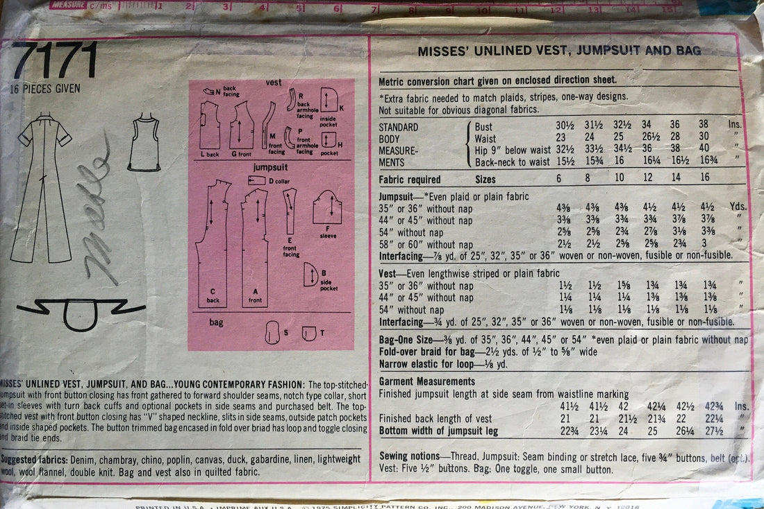 Simplicity 7171 Sewing Pattern (Vintage) CUT