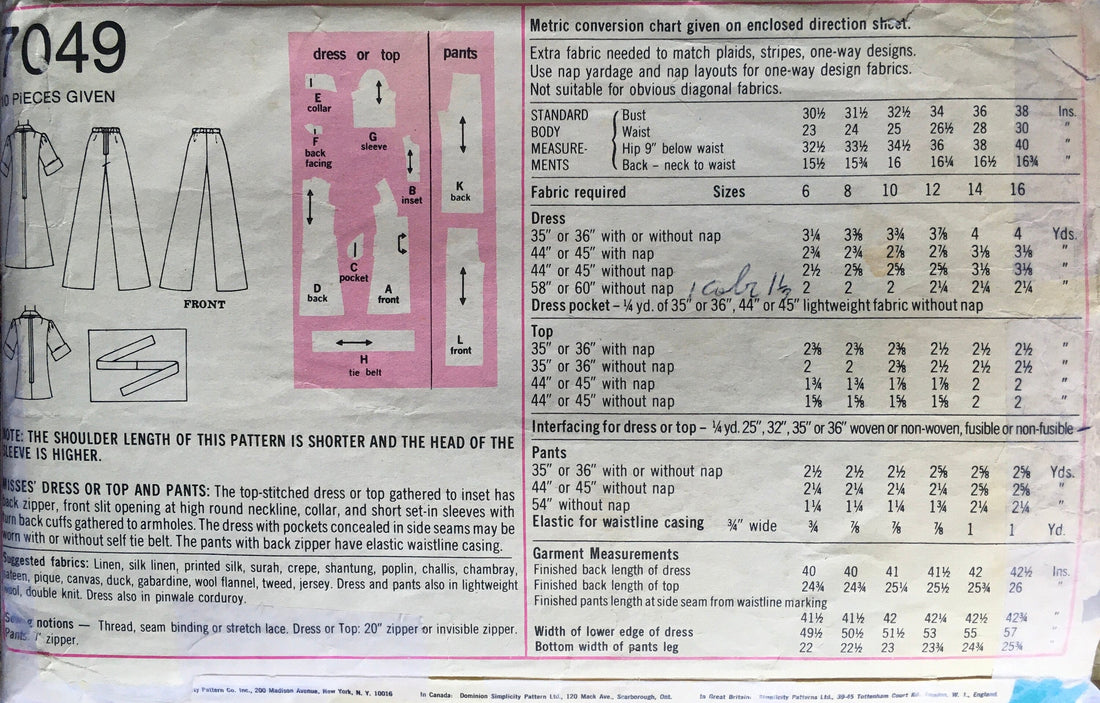 Simplicity 7049 Sewing Pattern (Vintage) CUT