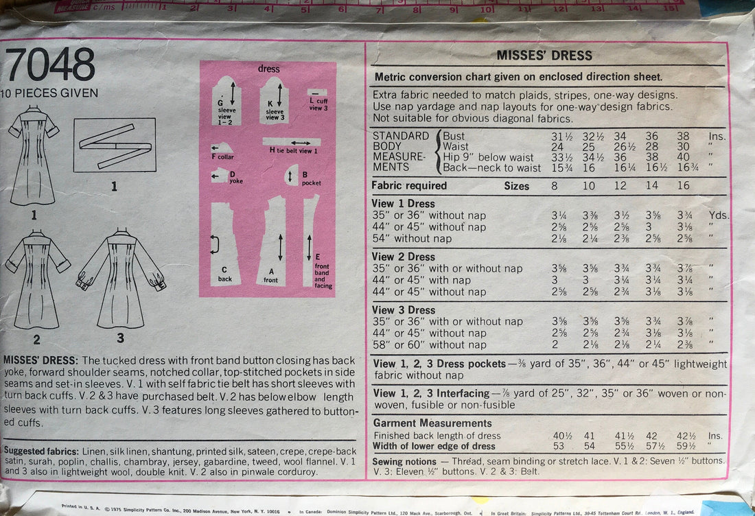 Simplicity 7048 Sewing Pattern (Vintage) CUT
