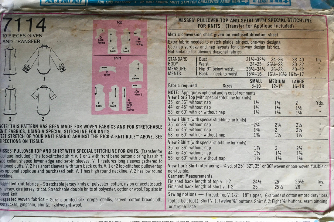 Simplicity 7114 Sewing Pattern (Vintage) CUT