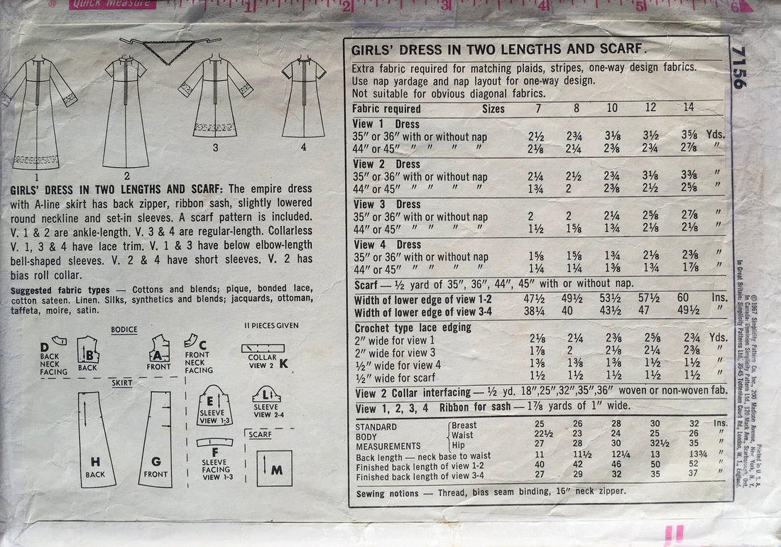 Simplicity 7156 Sewing Pattern (Vintage) CUT