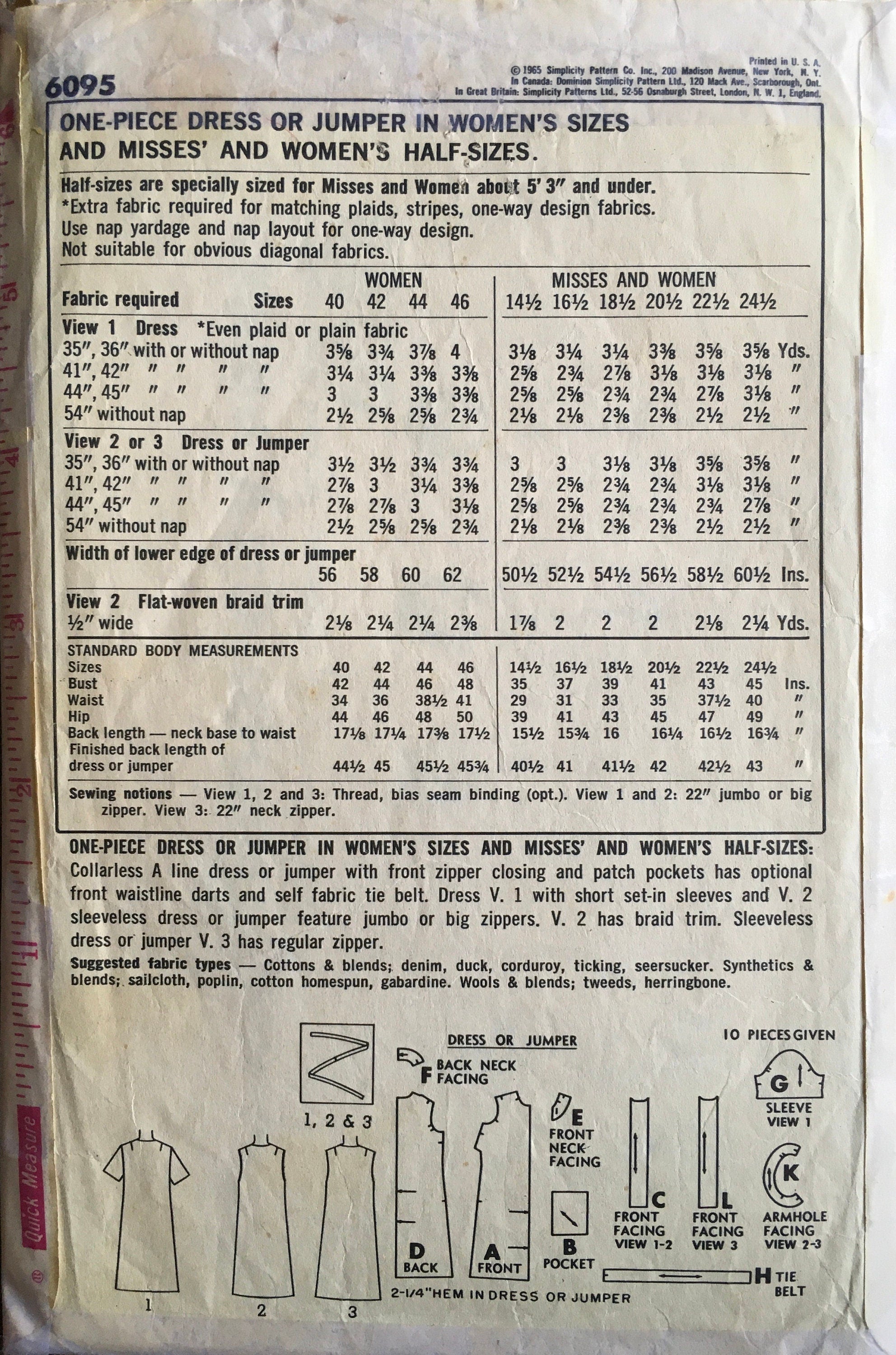Simplicity 6095 Sewing Pattern (Vintage) CUT