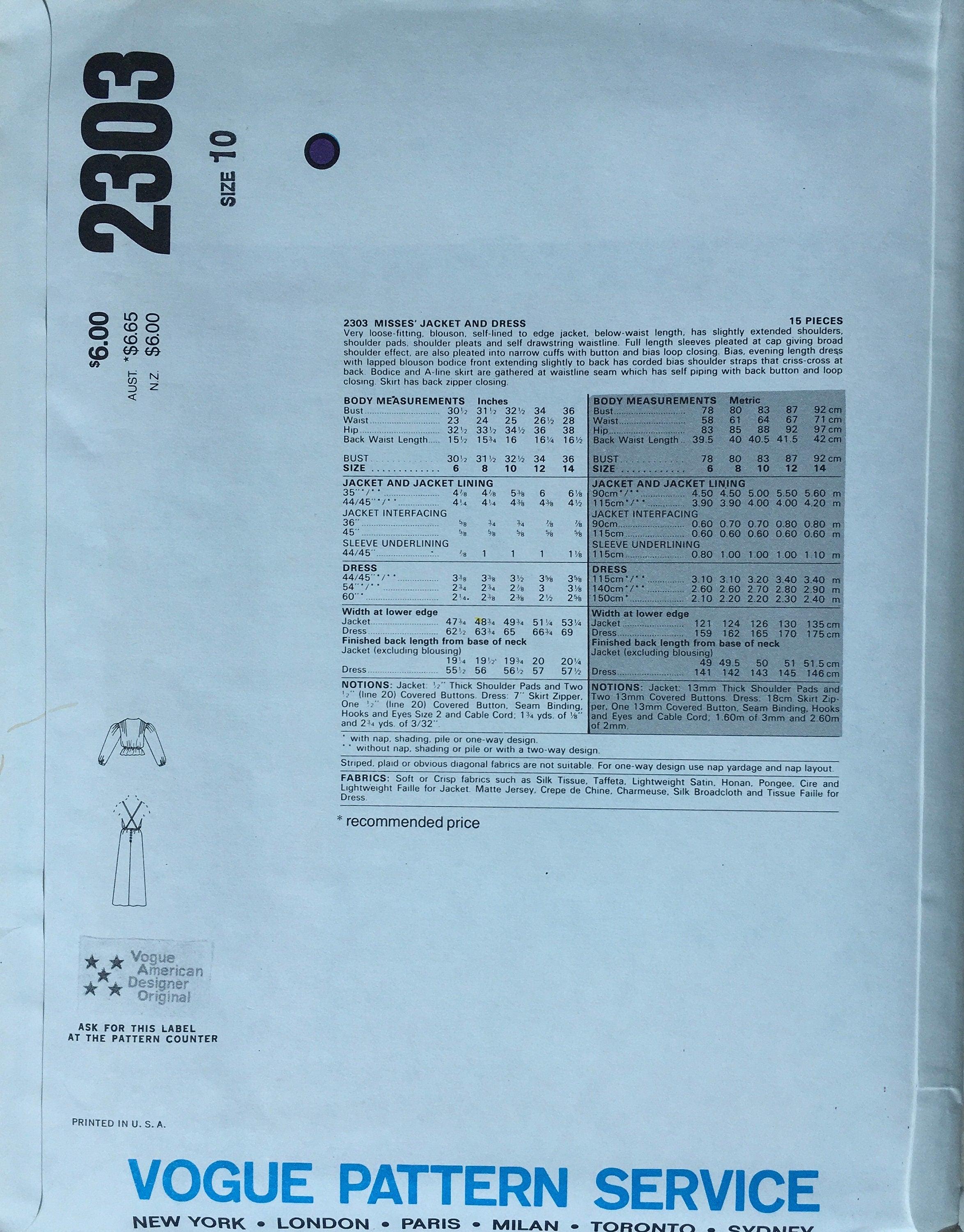 Vogue 2303 Sewing Pattern (Vintage) UNCUT