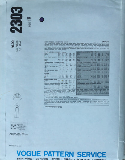 Vogue 2303 Sewing Pattern (Vintage) UNCUT