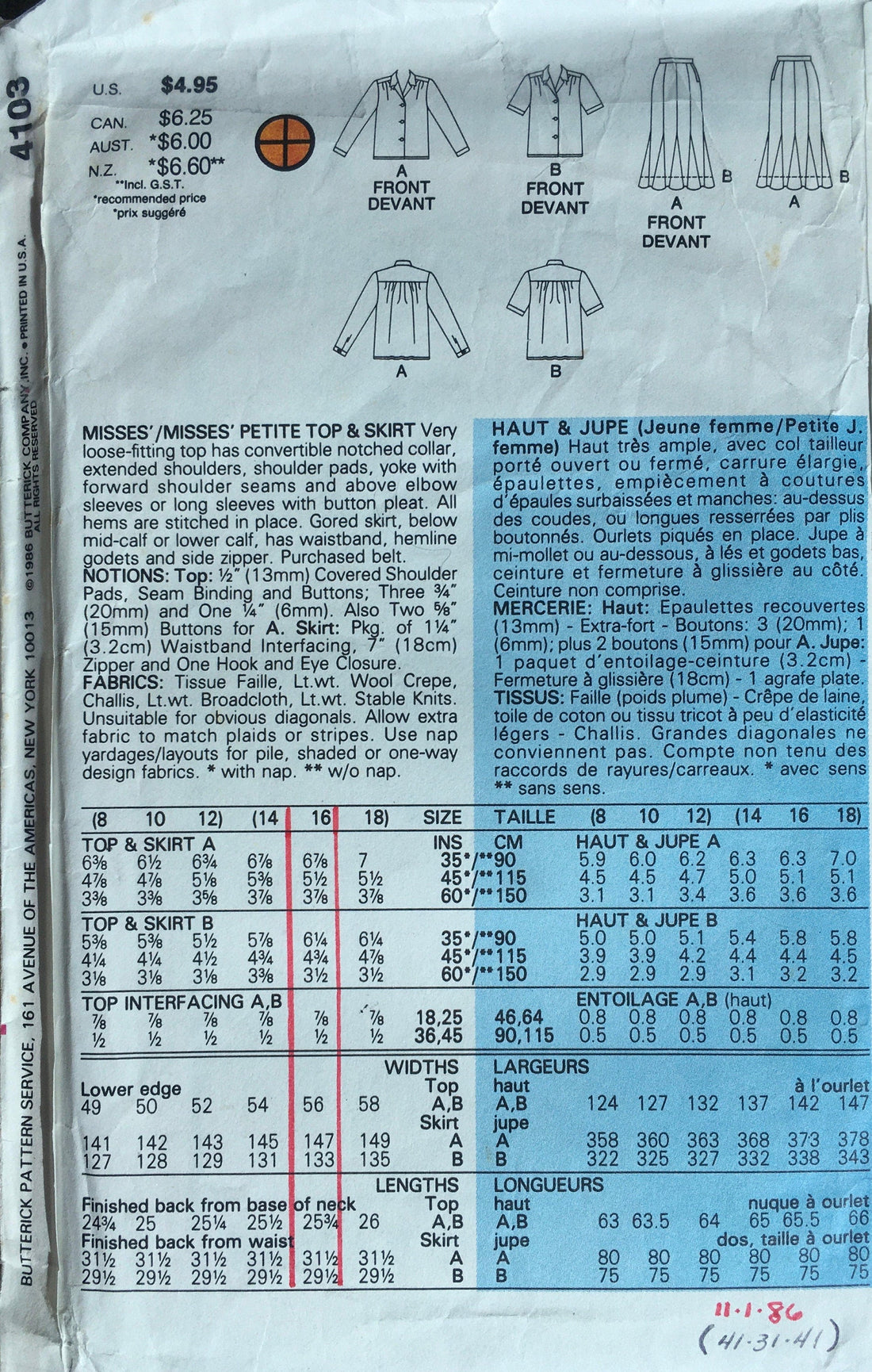 Butterick 4103 Sewing Pattern (Vintage) CUT