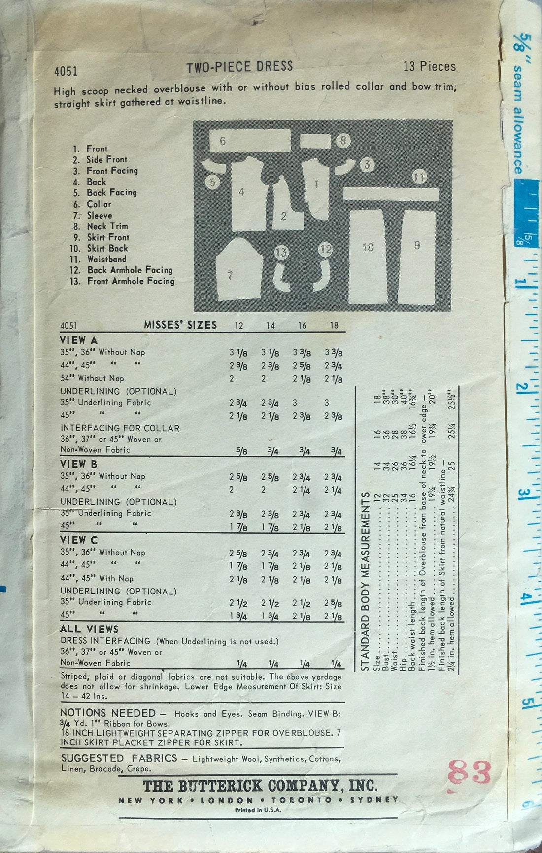 Butterick 4051 Sewing Pattern (Vintage) CUT