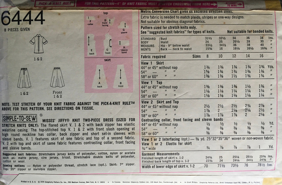 Simplicity 6444 Sewing Pattern (Vintage) CUT