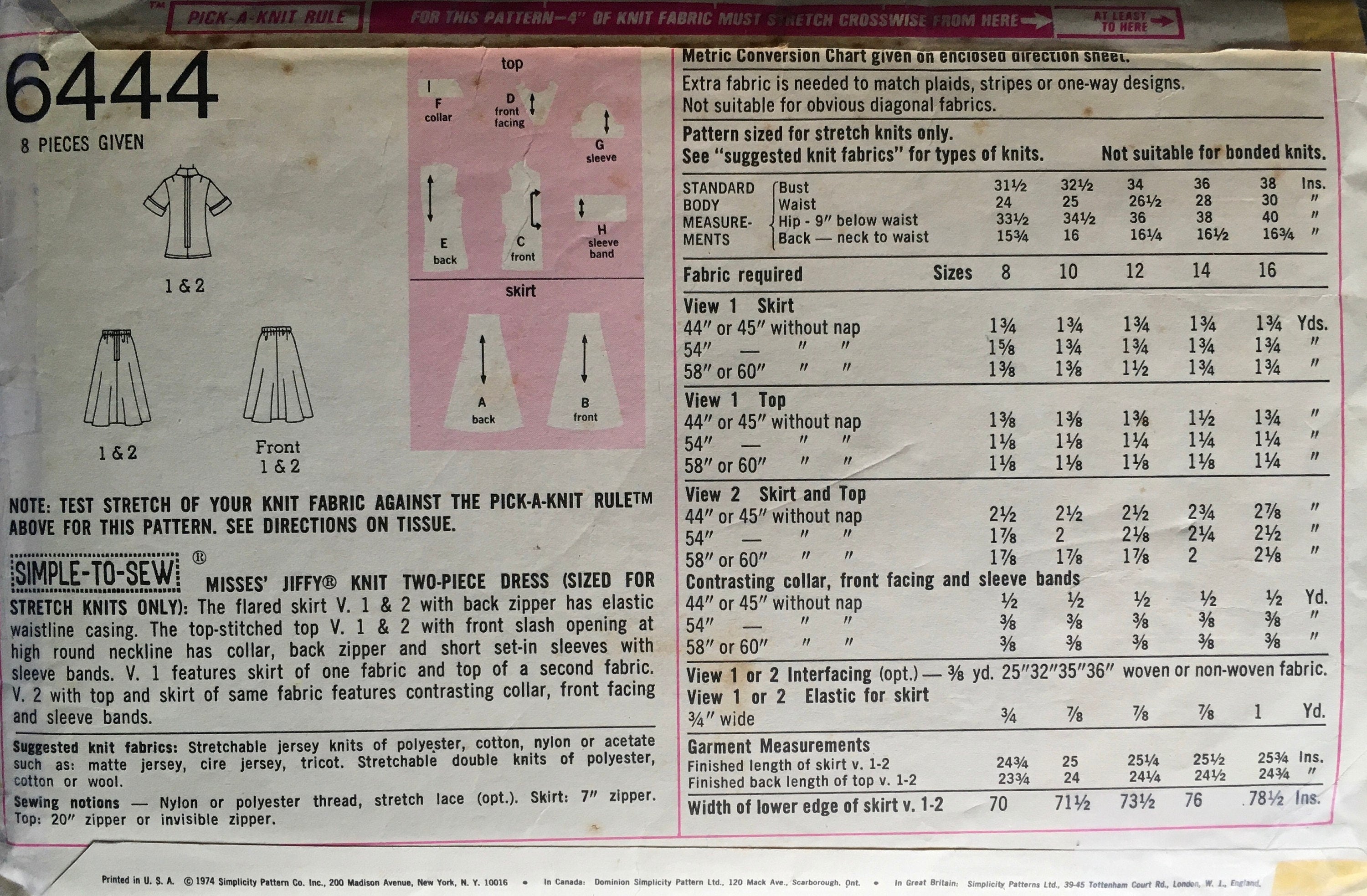 Simplicity 6444 Sewing Pattern (Vintage) CUT