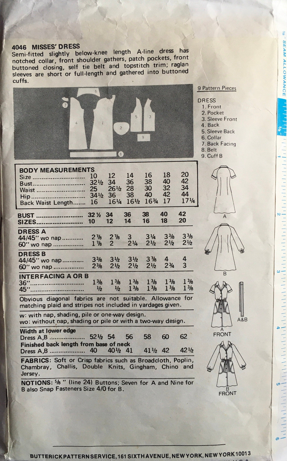 Butterick 4046 Sewing Pattern (Vintage) CUT