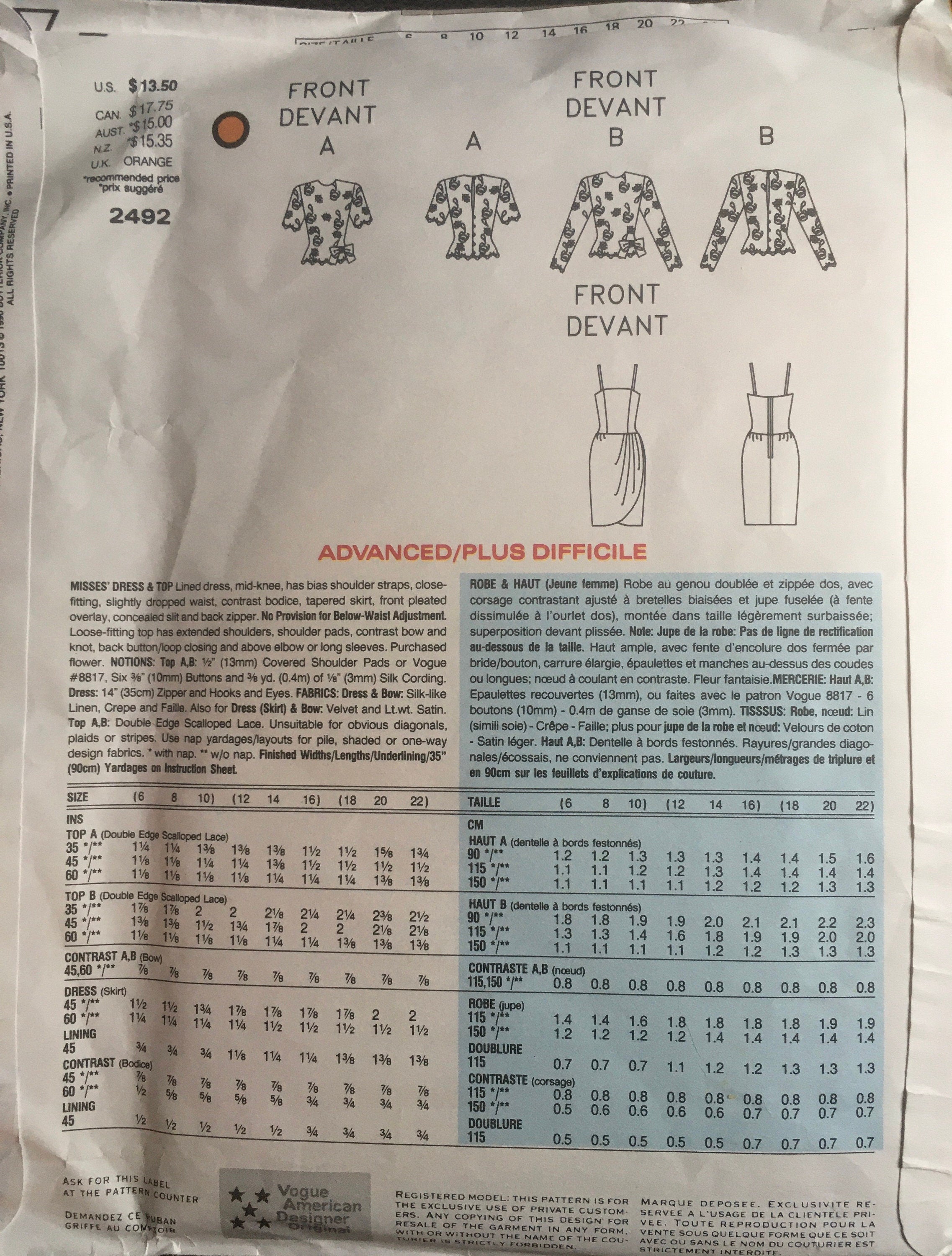 Vogue 2492 Sewing Pattern (Vintage) UNCUT