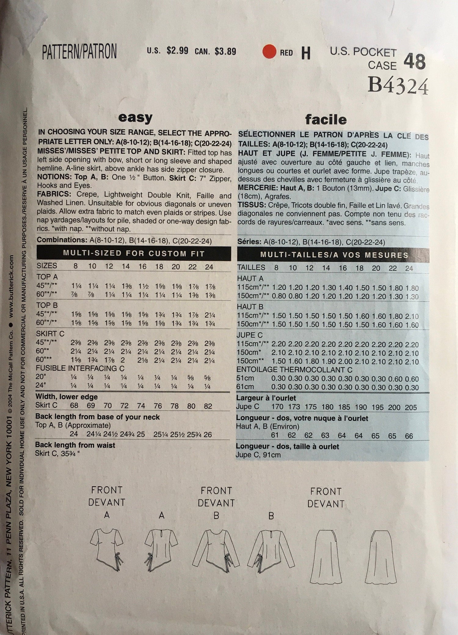 See &amp; Sew 4324 Sewing Pattern (Vintage) UNCUT