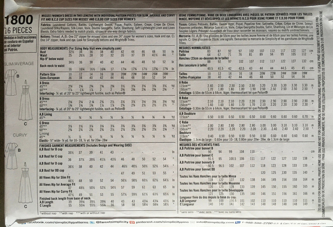 Simplicity 1800 Sewing Pattern (Vintage) UNCUT